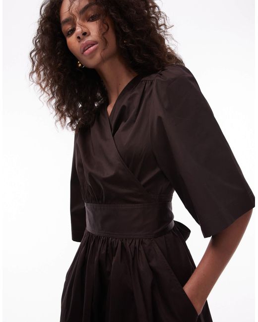 & Other Stories Black Poplin Midaxi Dress With Wrap Front And Puff Sleeves