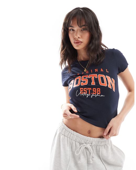Noisy May Blue Cropped T-shirt With Boston Print