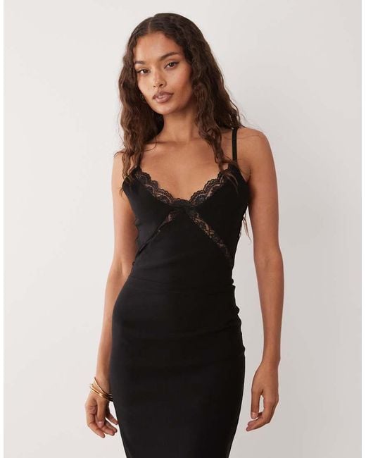 Vesper Petite Black Bengaline Cami Lace Detail Maxi Dress