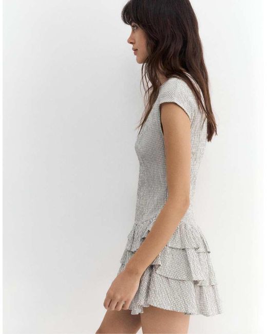 Pull&Bear White Short Checked Dress With Ruffled Hem