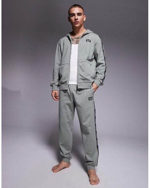 EA7 Gray Armani Zip Hoodie Co-ord With Logo Tape Detail for men