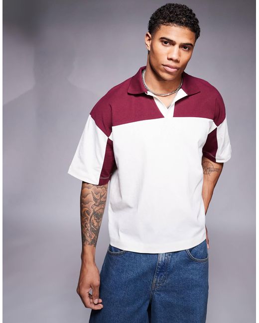Polo texturé coupe carrée oversize à épaules tombantes - crème et bordeaux ASOS pour homme en coloris White
