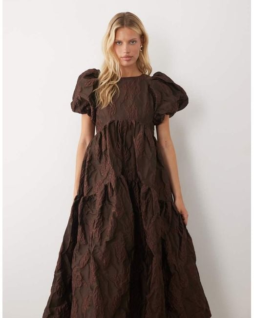 Sister Jane Brown Harmonia Exclusive Jacquard Puff Sleeve Midi Dress