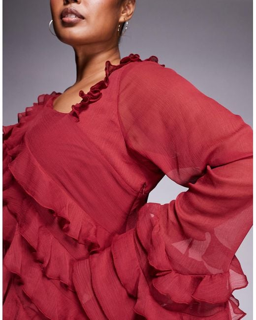 ASOS Red Asos Design Curve Chiffon Long Sleeve Asymmetric Tie Soft Ruffle Maxi Dress