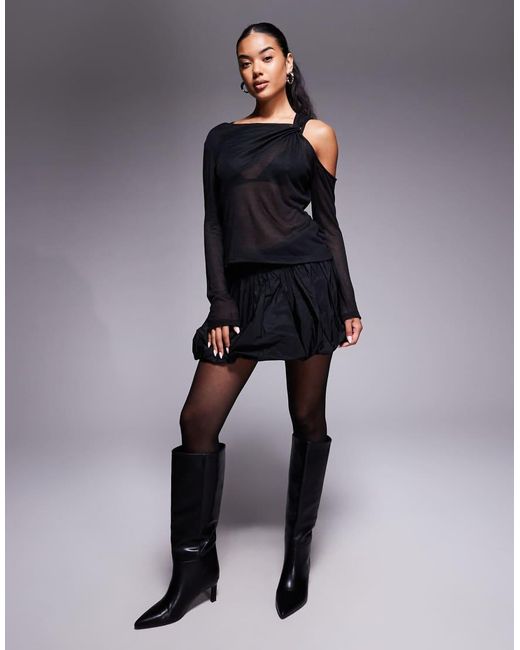 ASOS Blue Knit-look Semi Sheer Long Sleeve Top With Drape Cold Shoulder