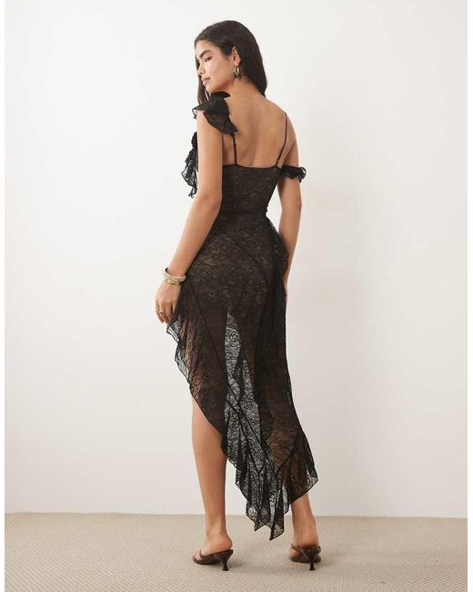 I.AM.GIA Black Julietta Georgette Lace Ruffle Detail Asymmetric Hem Maxi Dress