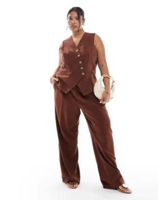 Vero Moda Brown Linen Touch Asymmetric Button Front Waistcoat Co-ord