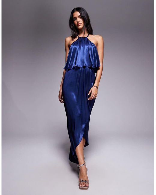 Goddiva Blue Satin Viscose Front Wrap Midaxi Dress