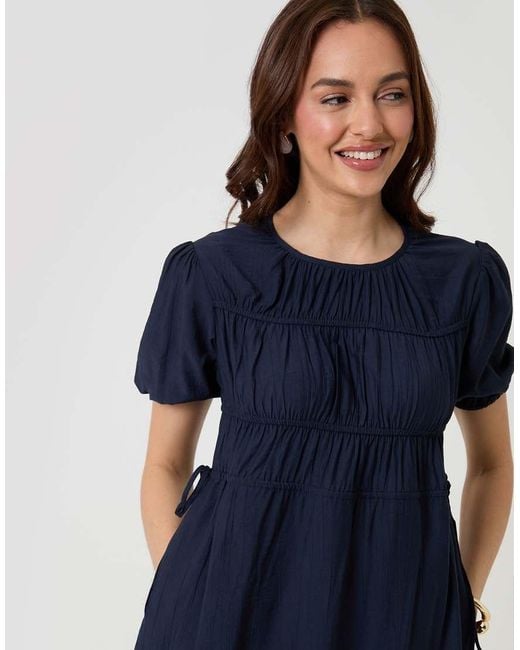 Threadbare Blue Ruched Drawstring Puff Sleeve Midi Dress