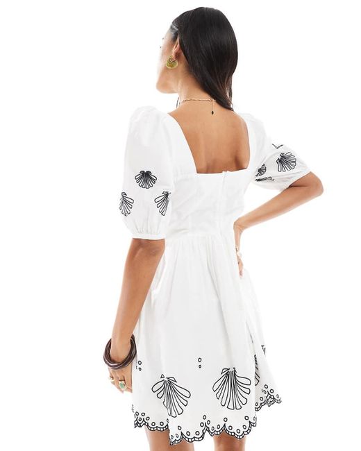 French Connection White Cambra Embroidered Cotton Anglaise Mini Dress