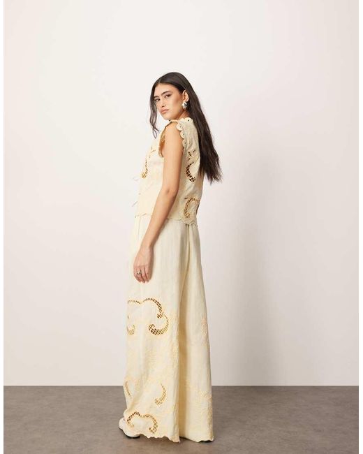 ARRANGE Natural Cotton Embroidered Cutwork Straight Leg Trouser