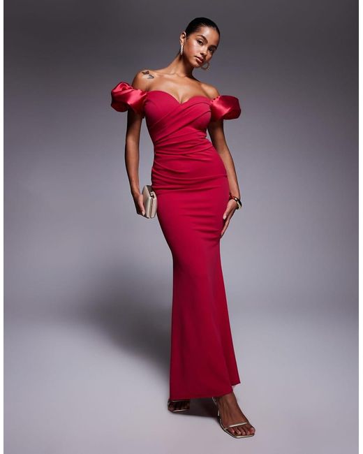 Goddiva Red Puffy Satin Sleeve Maxi Dress