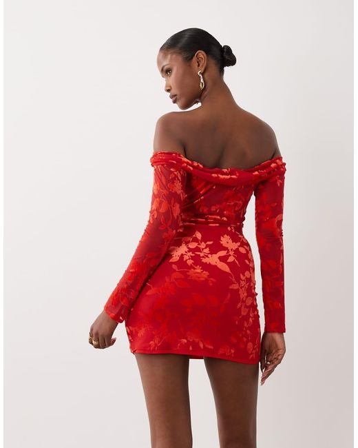TFNC London Red Devoure Bardot Off Shoulder Long Sleeve Mini Dress