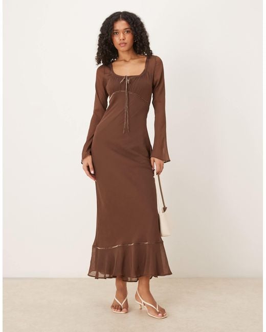 ASOS Brown Ruched Bust Scoop Long Sleeve Maxi Dress