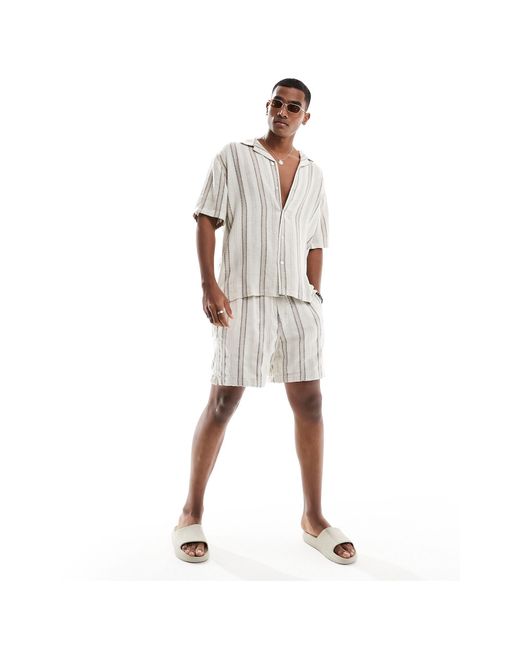 Abercrombie & Fitch White Linen Blend Dobby Stripe Short Sleeve Shirt Relaxed Fit for men