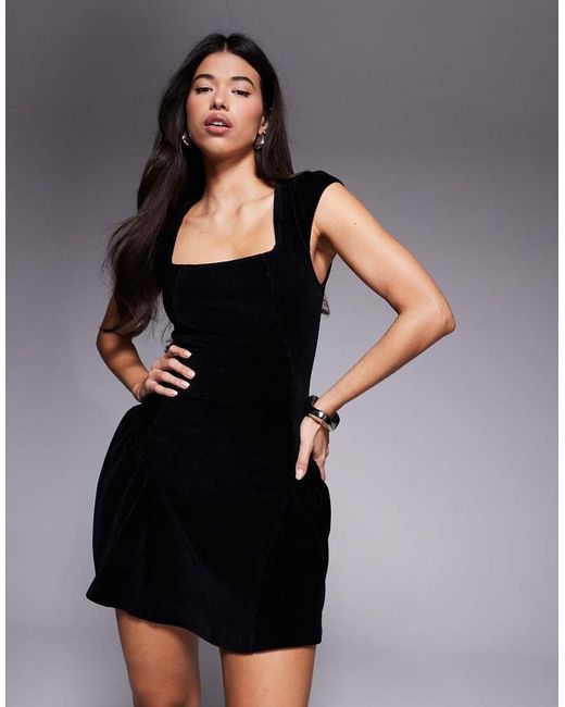 ASOS Black Cord Square Neck Cap Sleeve Mini Dress