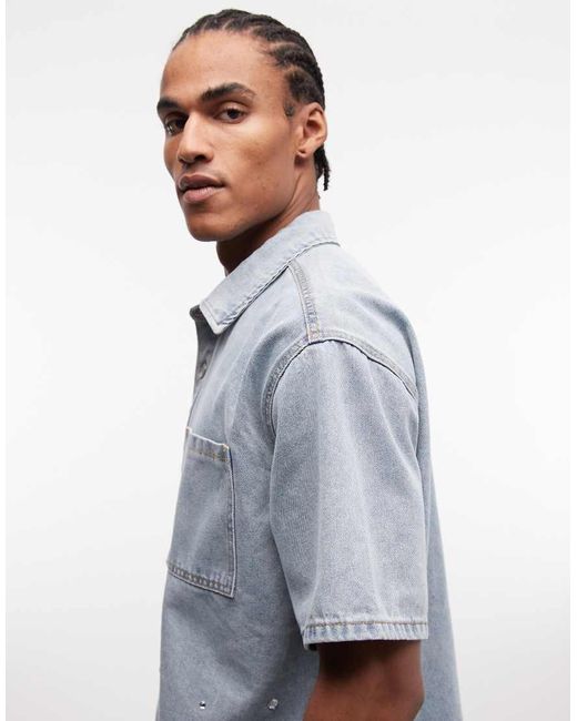 Liquor N Poker Blue Rhinestone Embellished Denim Shirt for men
