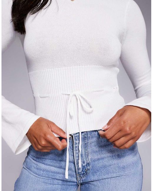 Princess Polly White Craving Flare Sleeve Tie Waist Structured Sweater