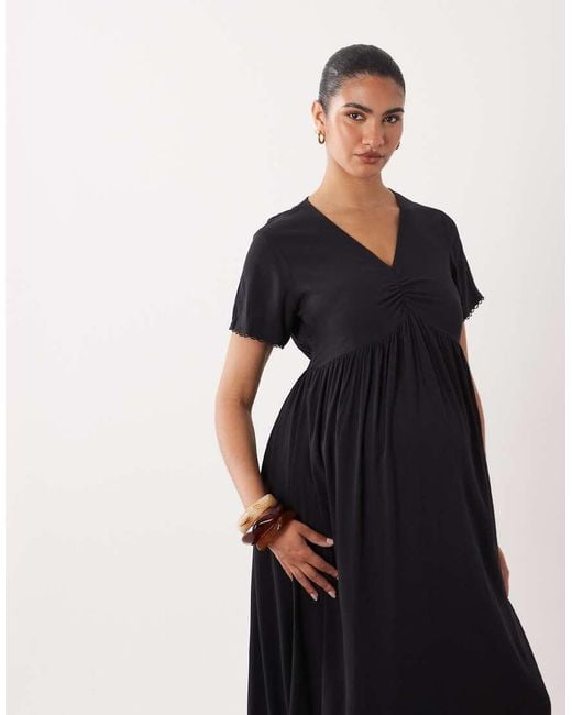 Mama.licious Black Mamalicious Maternity Lace Trim Ruched Front Midi Tea Dress