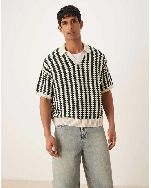 ASOS Oversized Gebreide Polo Met Notch Hals En Structuurstreep in het Green voor heren