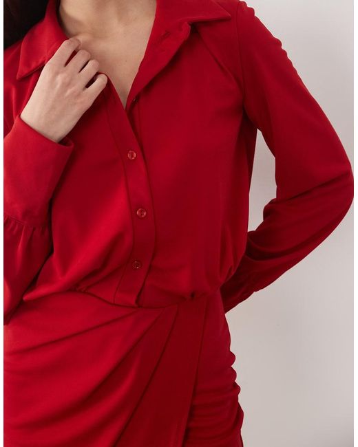 ASOS Red Long Sleeve Shirt Detail With Wrap Skirt Mini Dress