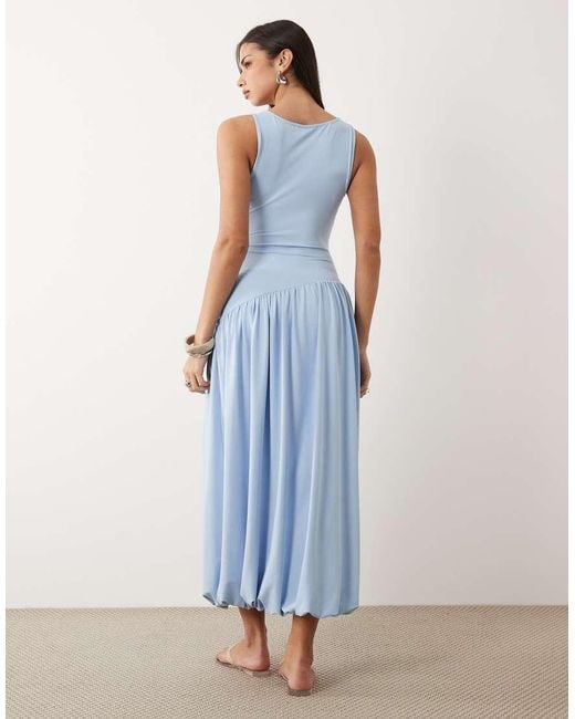 ASOS Blue Sleeveless Midi Dress With Dropped Seam And Bubble Hem