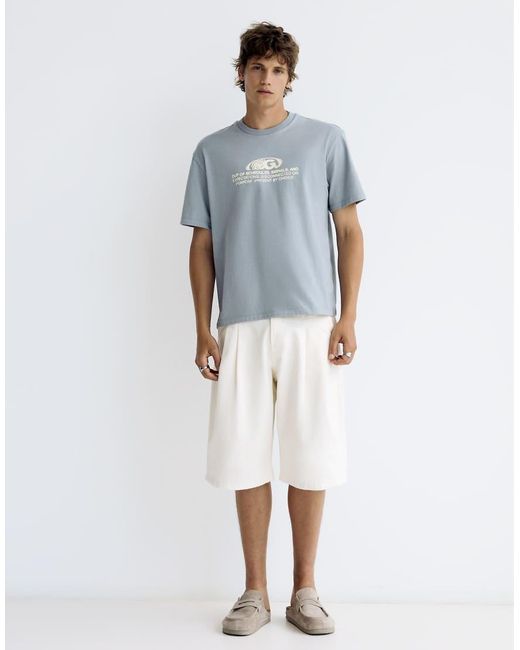 Bershka White Short Sleeve Print T-Shirt for men