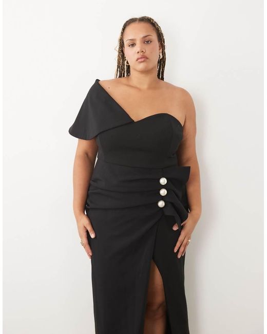 ASOS Black Curve Structured Draped Midaxi Dress With Faux-pearl Detailing