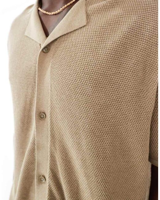 Jack & Jones Natural Oversized Button Through Knitted Polo for men
