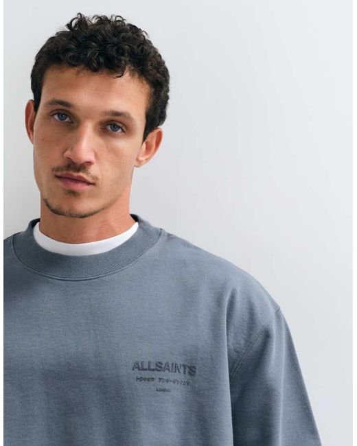 AllSaints Blue Xander Flocked Logo Crew Sweatshirt for men