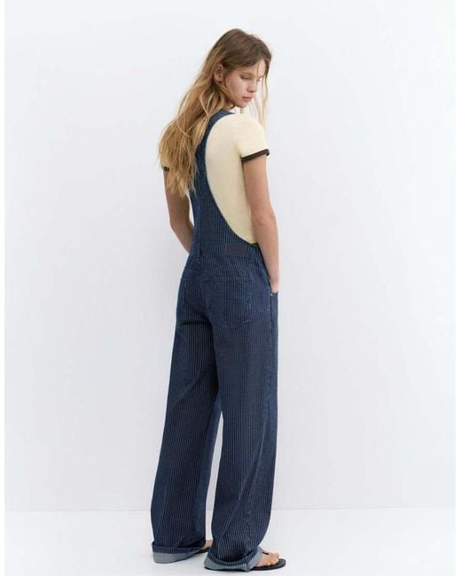 Pull&Bear Blue Long Striped Denim Dungarees