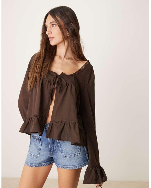 ASOS Brown Cotton Boho Lace Trim Blouse