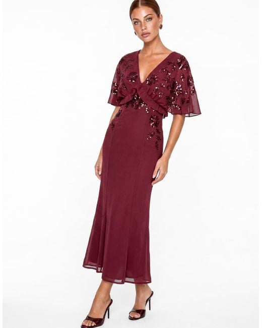 Maya Red Floral Embellished Cape Sleeve Midaxi Dress