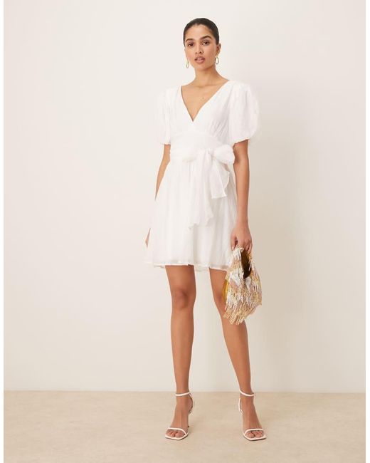 Gina Tricot Natural Short Sleeve V Neck Open Back Bow Graduation Mini Dress