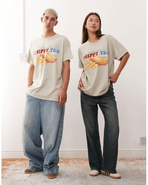 Reclaimed (vintage) Natural Unisex Oversized Tee With Food Graphic Print for men