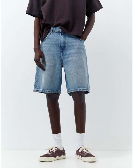 Pull&Bear Blue baggy Relaxed Fit Denim Bermuda Shorts for men