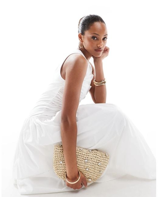 4th & Reckless White Ruched Poplin Sleeveless Drop Waist Maxi Dress