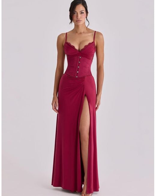 House Of Cb Red Sabrine Wine Lace Trim Maxi Dress + Corset