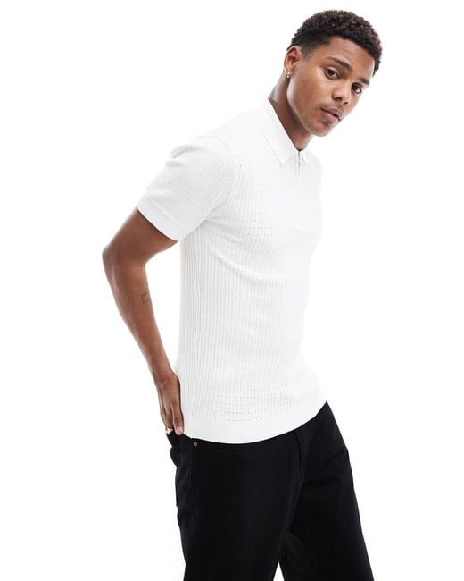 River Island White Muscle Fit Pointelle Polo Shirt for men