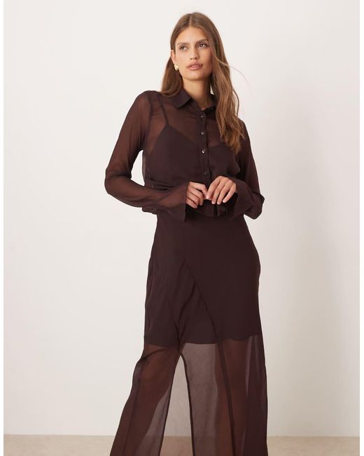 ASOS Brown Sheer Midi Shirt Dress