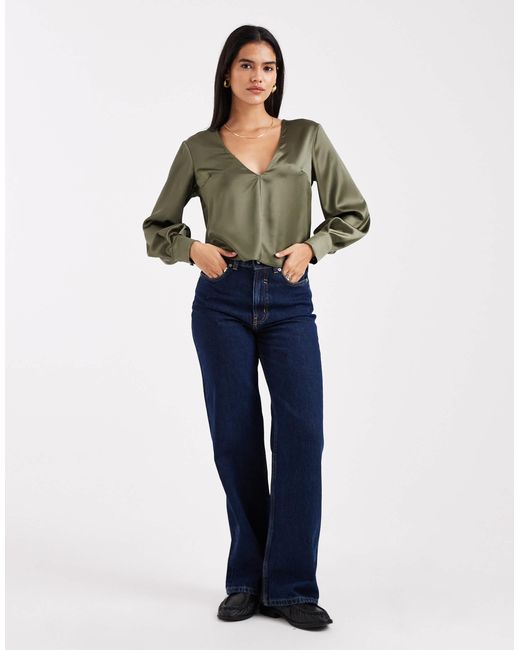 ASOS Green Satin Long Sleeve V Neck Blouse