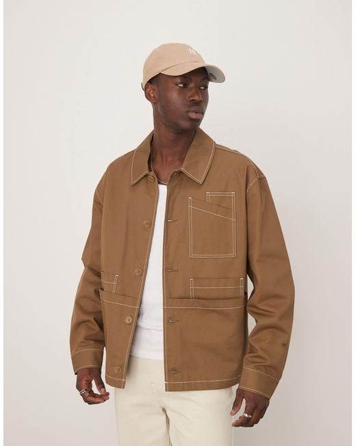 ASOS Brown Boxy Oversized Worker Jacket With Contrast Stitch for men