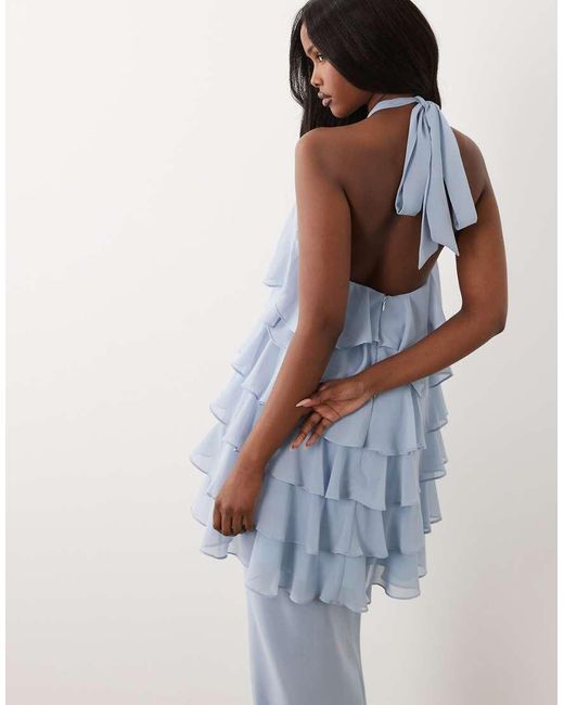 Wanderdoll Blue Primrose Chiffon Halterneck Tiered Ruffle Detail Mini Dress