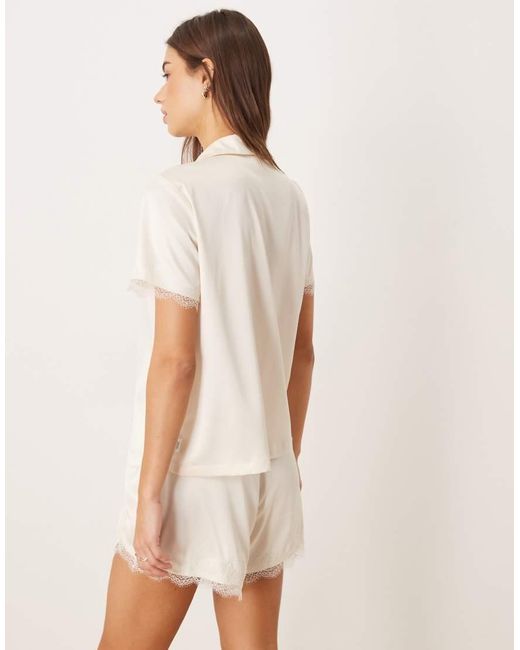 Chelsea Peers White Bridal Satin Button Up Lace Cuff Short Nightwear Set