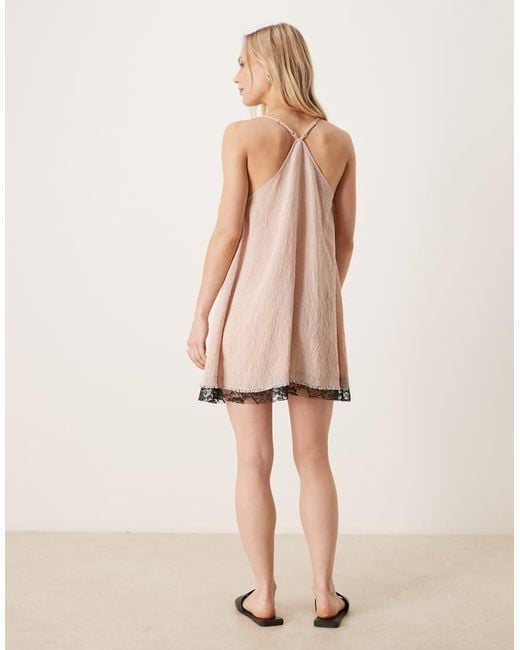 ASOS Natural Asos Design Petite Cami V-neck Mini Dress With Lace Overlay