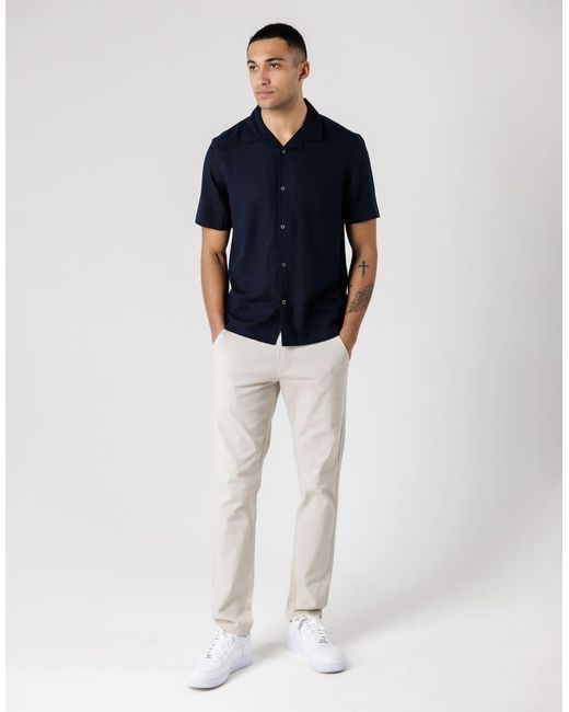 French Connection Blue Linen Blend Short Sleeve Revere Collar Shirt for men