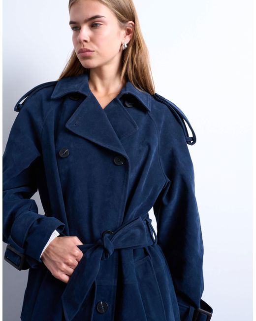 TOPSHOP Blue – longline-trenchcoat aus wildlederimitat
