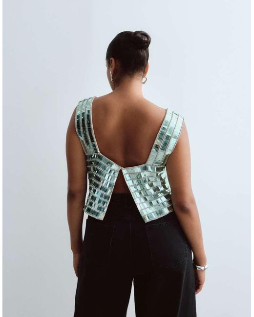 ARRANGE Green Curve Embellished Beaded Square Neck Boxy Crop Top
