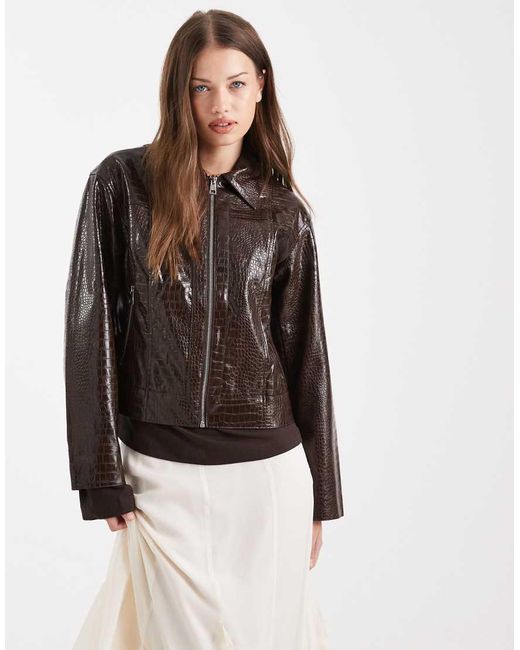 Object Brown Premium Faux Croc Cropped Jacket