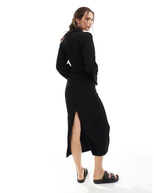 ASOS Black Placket Ribbed Collared Maxi With Ruched Side And Flare Long Sleeve